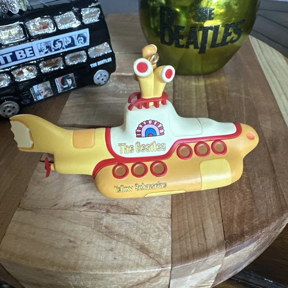 The Beatles 3 Ornaments 3-4 Inch Double Decker Bus Green Apple Yellow Submarine
